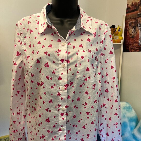 Tommy Hilfiger Long Sleeved White Button Down Shirt with Pink Hearts Size Small - Picture 1 of 5